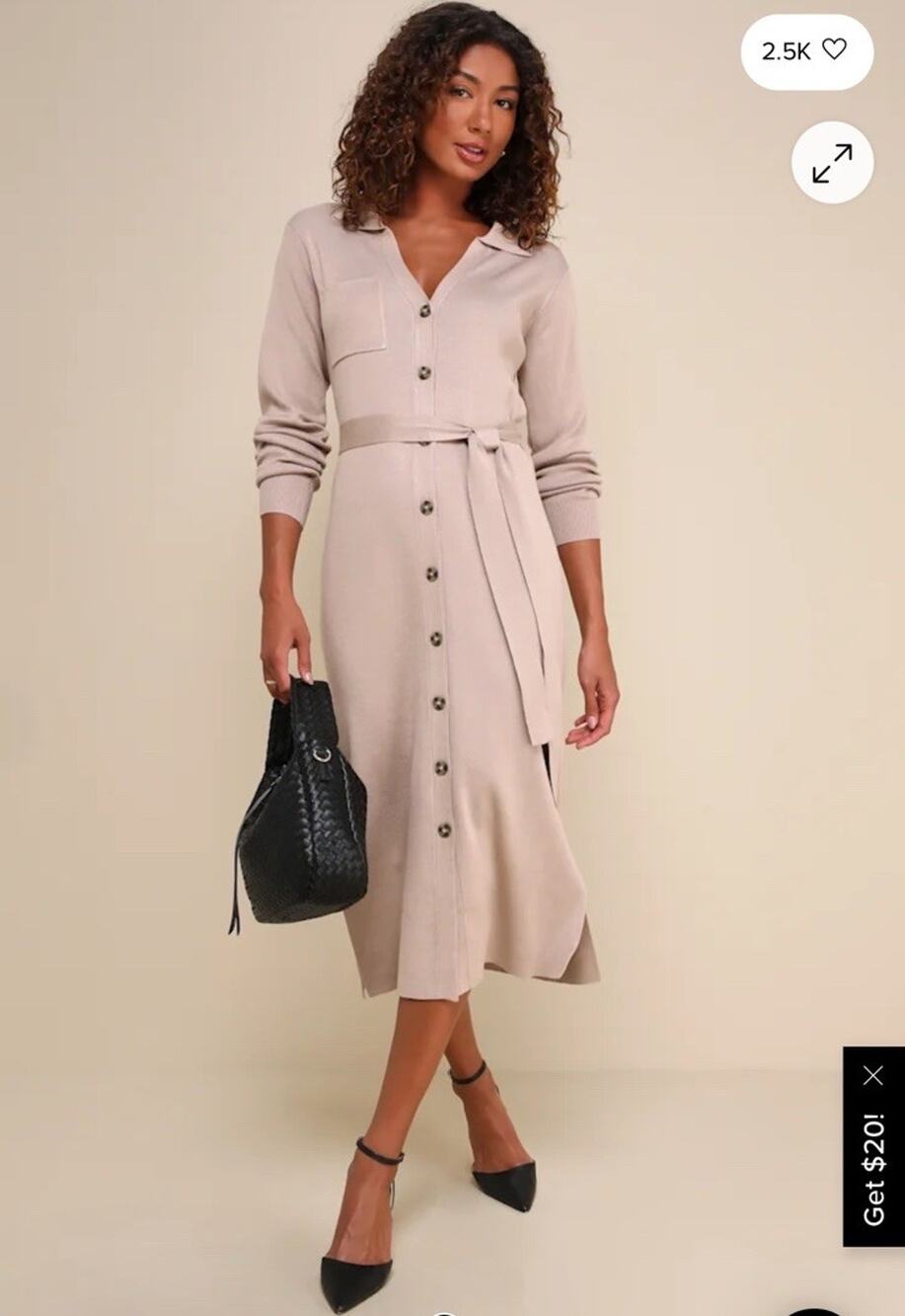 Lulu’s Charming Comfort Beige Collared Button Sweater Dress Sz M MSRP 59.00